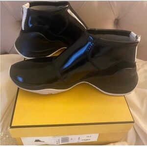 Authentic Fendi Women's Glossy Black High-Top Sneakers 39.5